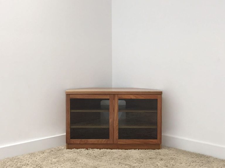 corner tv cabinet with tinted glass doors and solid timber frame on full base locally made in adelaide