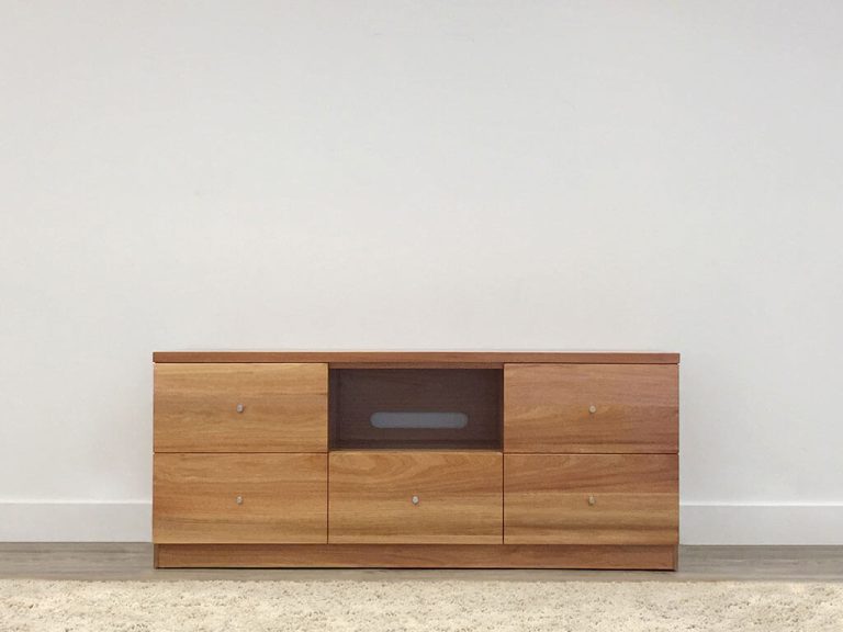 5 drawer entertainment unit with open shelf crafted in light tasmanian blackwood with full base and square corners