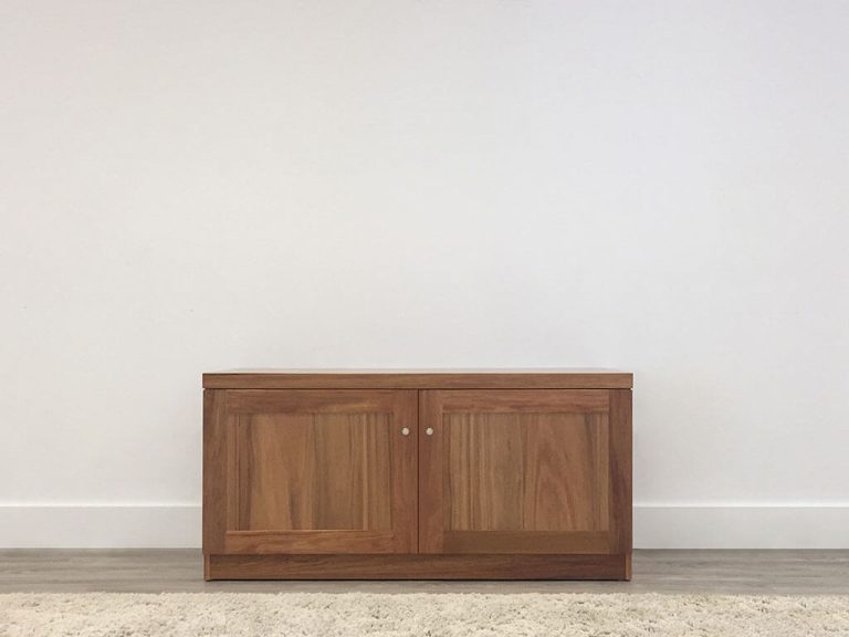 compact tv cabinet with 2 doors on full base with small chrome handles