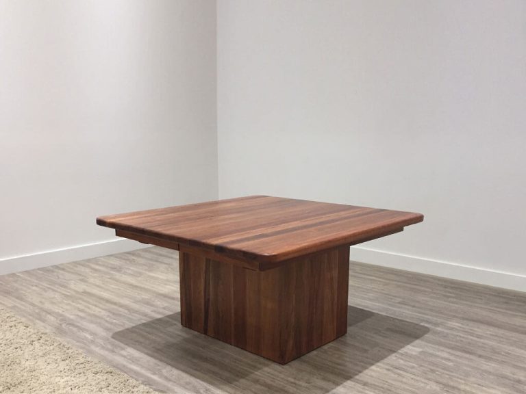 square extendable dining table with box base and rounded table top corners