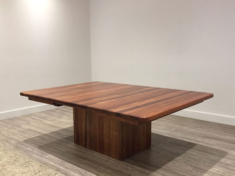 square extendable dining table open with rounded corners and solid box base