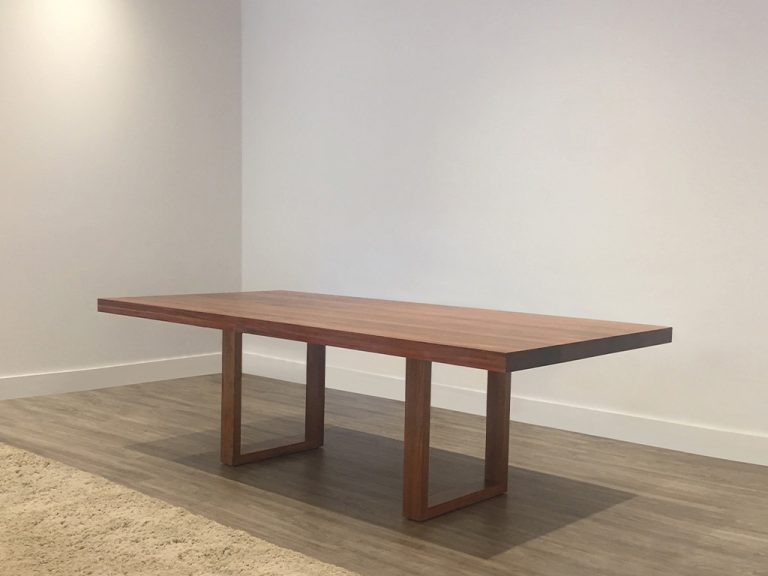 timber dining table with thick top in solid tasmanian blackwood and open square base