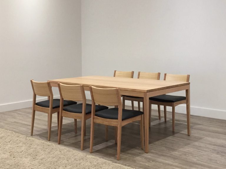 oak slim dining table at 2 metres with timber back dining chairs made in adelaide