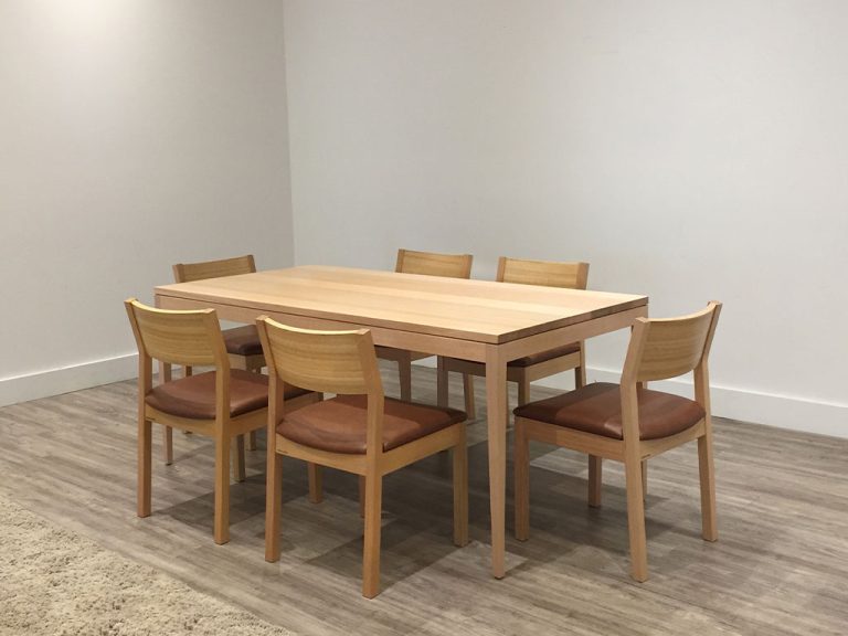 timber back dining chair with 6 seater dining table with slim legs made in australia