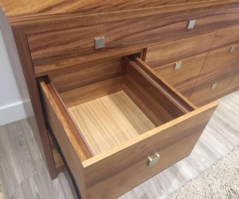 tasmanian blackwood timber custom home office cabinet with filling drawers