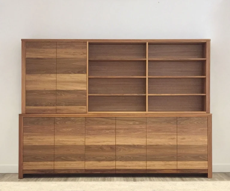 custom home office stroage unit with shelving and cupboard space made from australian timber