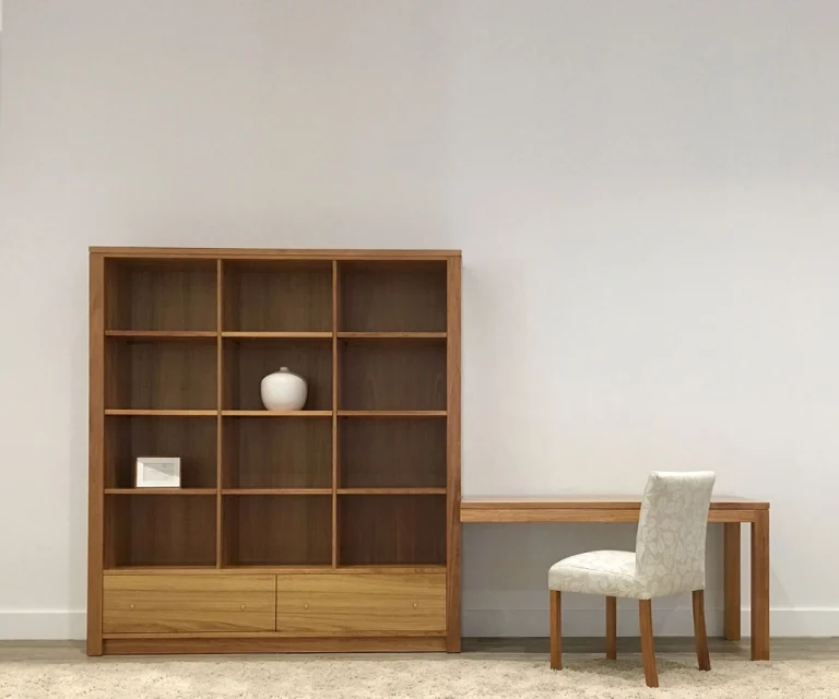 american oak timber shelving unit with bottom drawers and attached desk