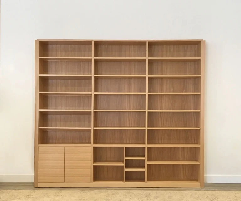 tasmanian oak timber custom made large bookshelf with 24 wide shelves and two doors for storage below