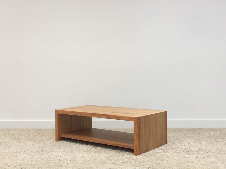 solid timber coffee table with full panel ends and shelf