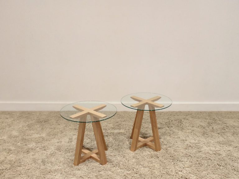 small side tables with trestle legs and glass round top made in adelaide