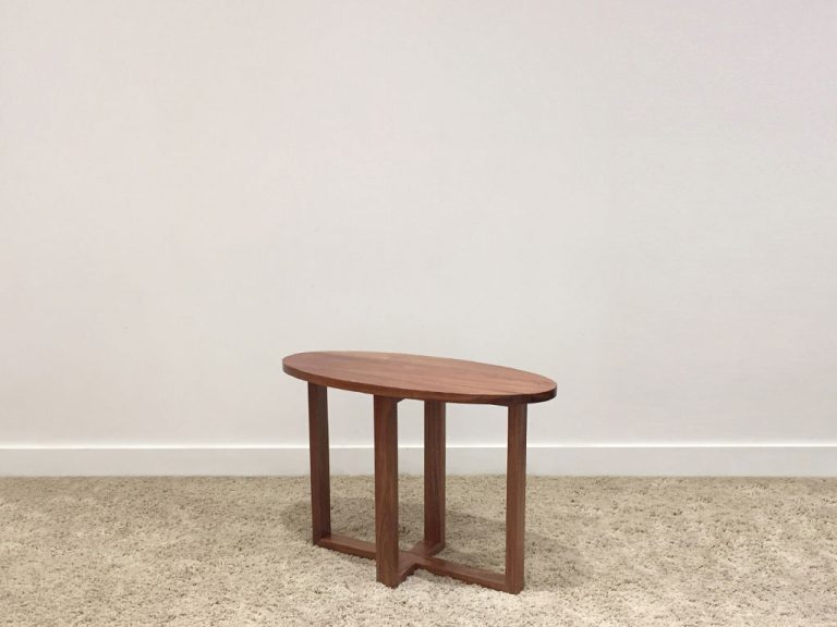 custom timber side table wit oval top and cross leg base made in adelaide