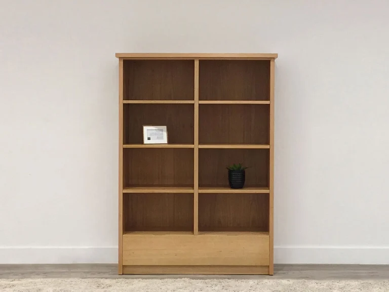 solid timber american oak bookcase with single drawer and overhang with wide shelves made handmade locally