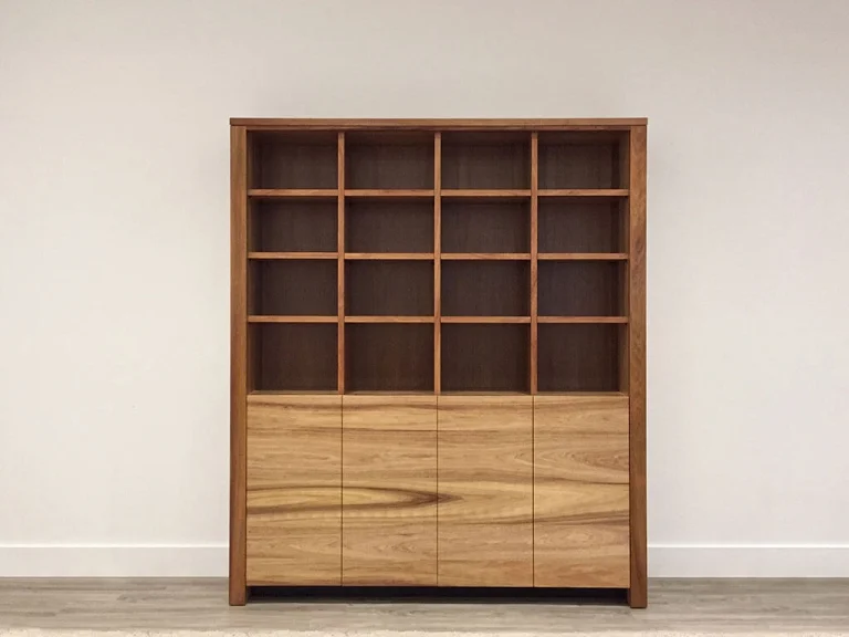 american oak bookcase with single drawer and overhang with wide shelves made handmade locally