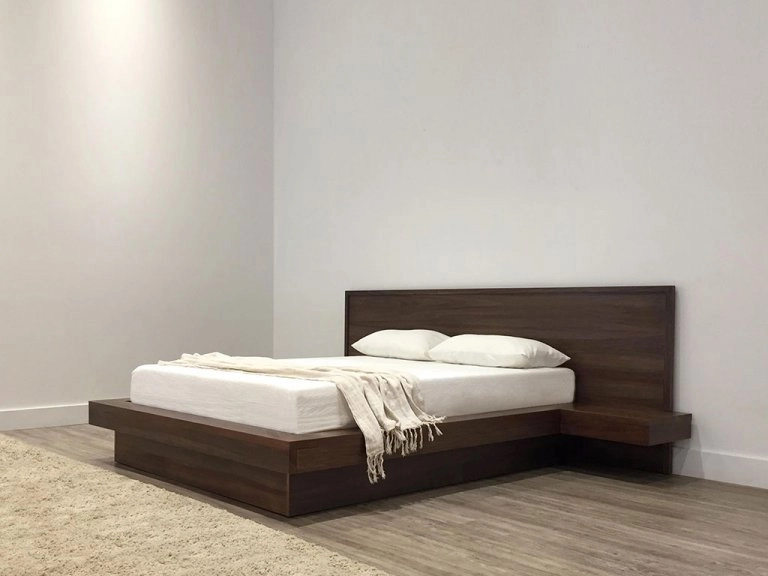 queen bed frame with timber headboard panel and attached floating bedside