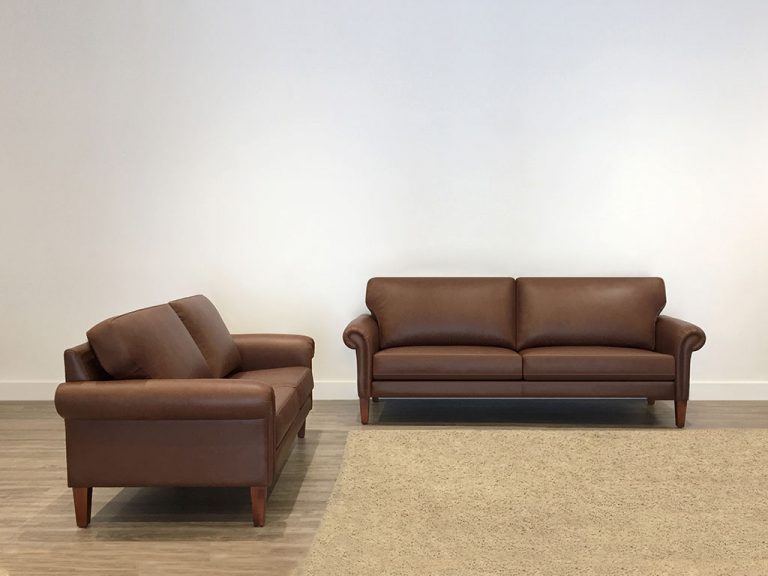 Custom leather rolled arm lounge suite with two 3 seaters made from quality leather, here in adelaide