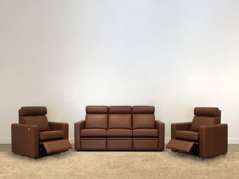 australian made leather lounge suite with recliners and headrests in tan leather