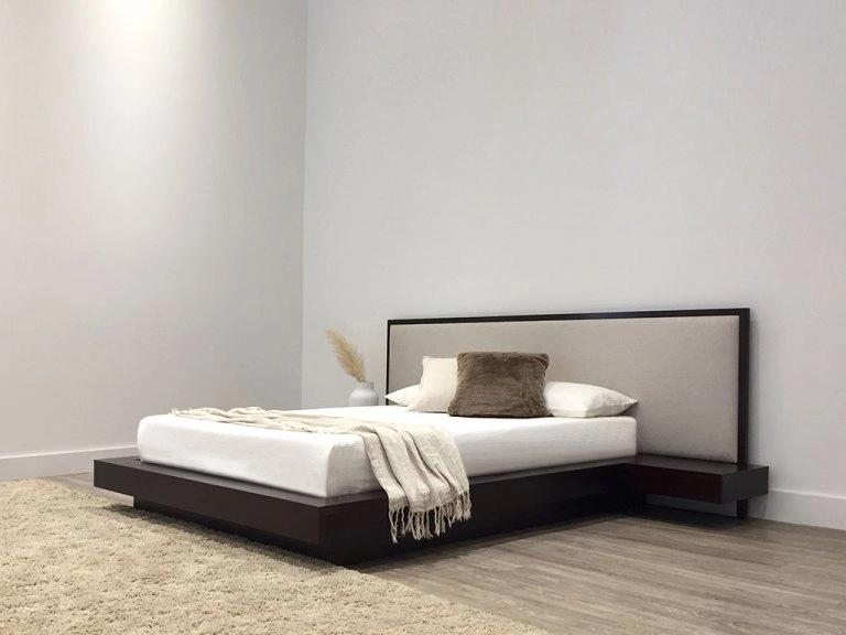 queen size timber bed made in adelaide with floating bedsides attached and fabric upholstered headboard