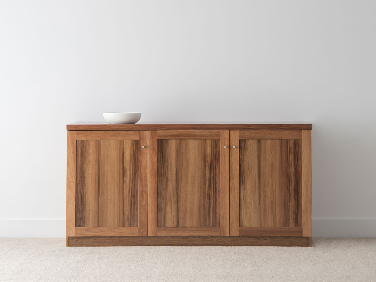 3 door buffet with flat ends in solid timber with small chrome handles