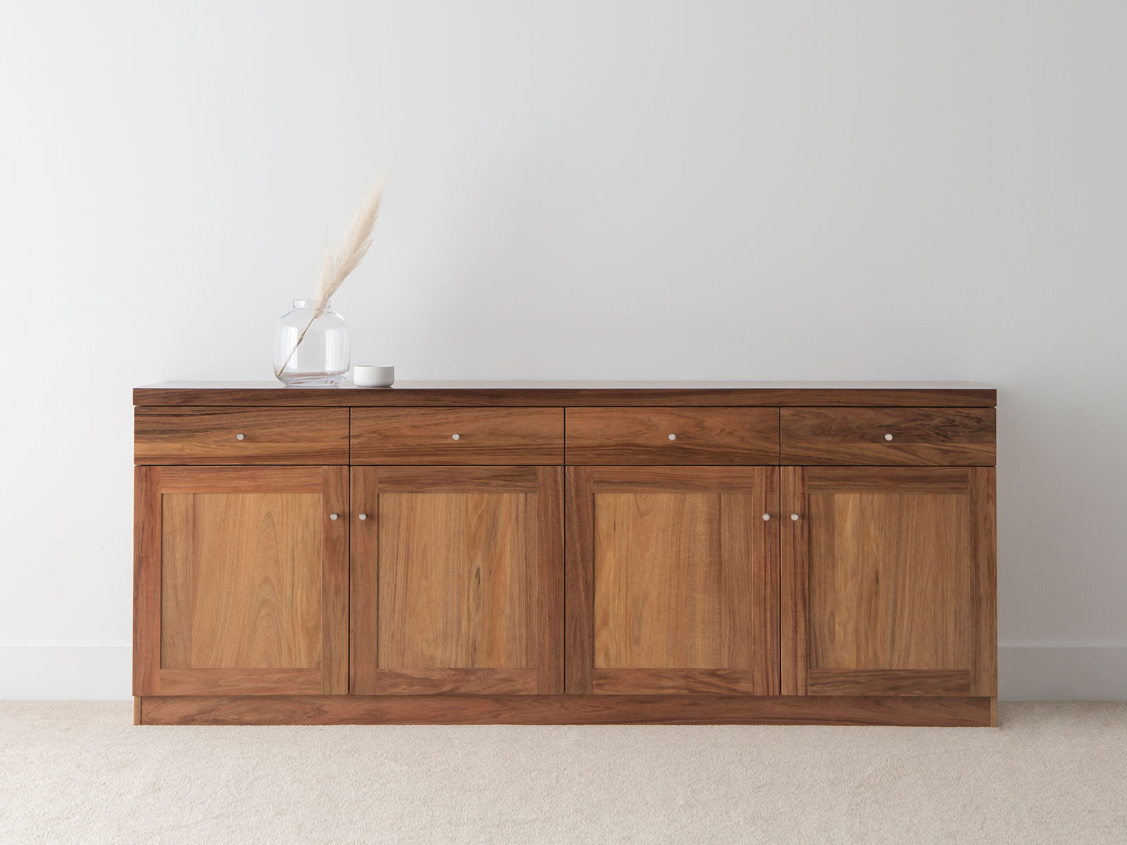 solid timber sideboard with 4 doors and 4 drawers, square modern design with chrome handles