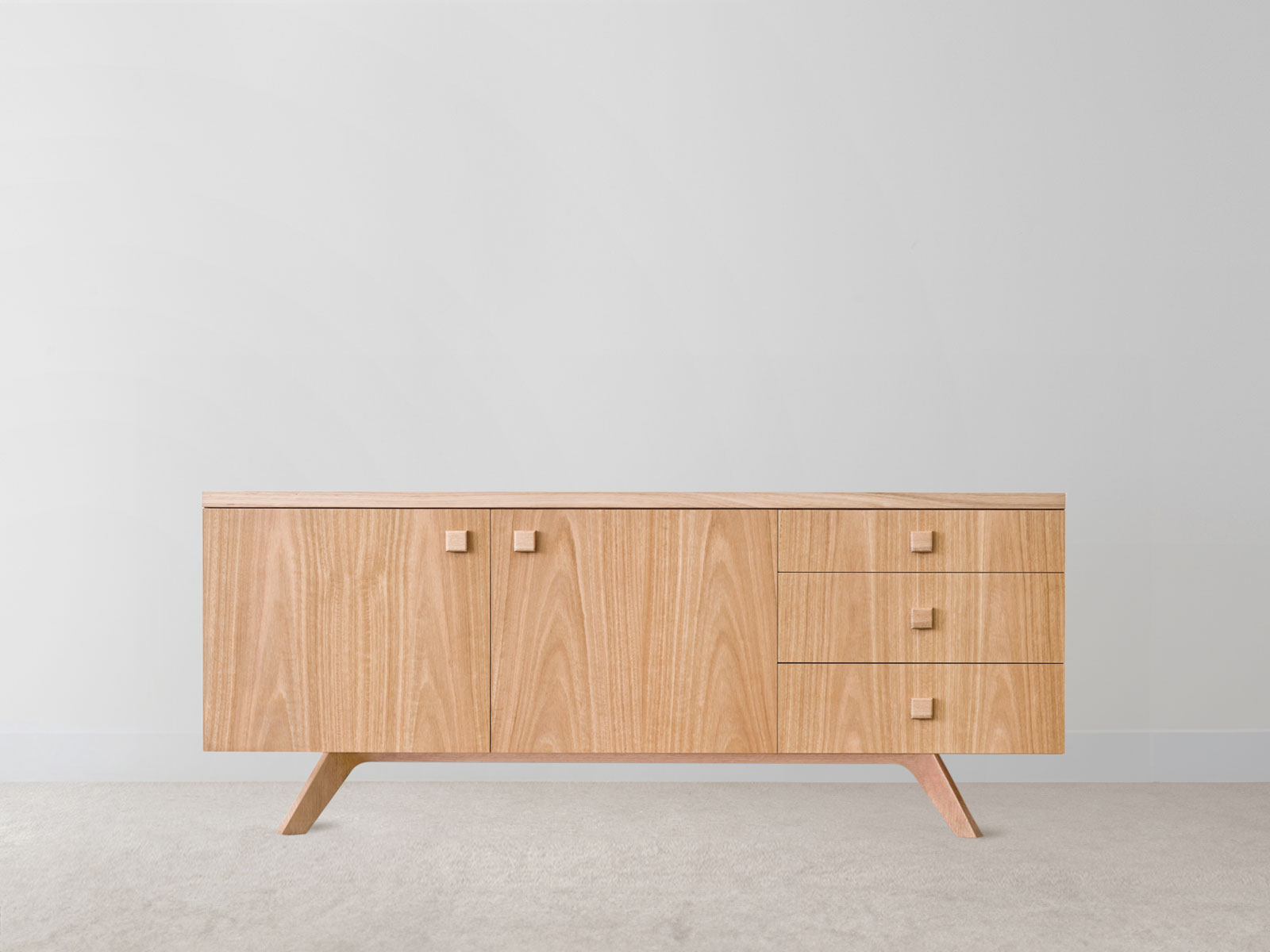 scandinavian design mountain ash timber with set-in angled legs and square wooden handles