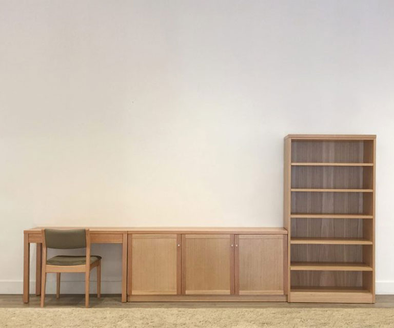 custom made tasmanian oak timber home office desk with 3 door storage attachment and bookcase