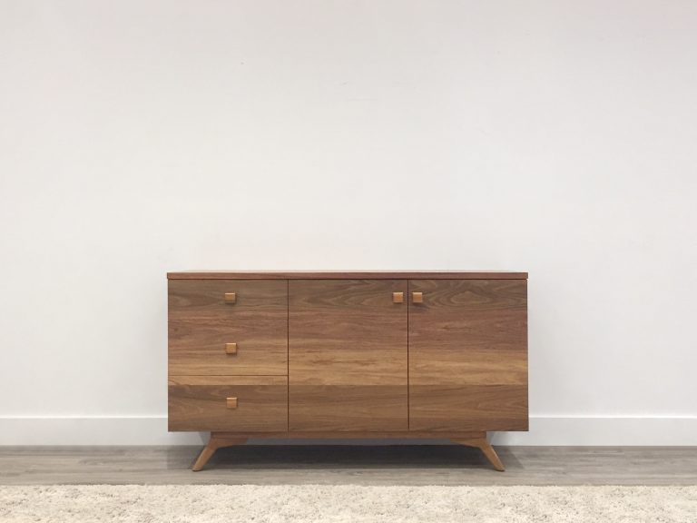 australian blackwood retro style buffet with three drawers and two doors angled legs and wooden handles