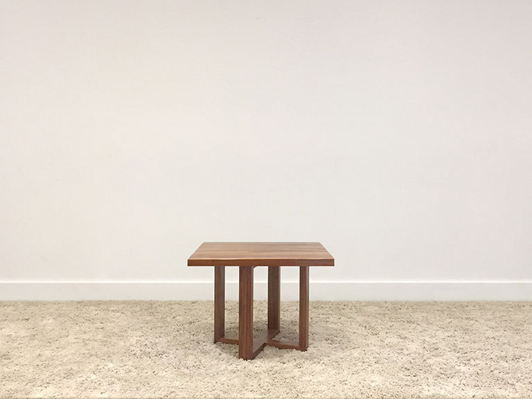 custom made timber coffee table with square top finish and cross base out of tasmanian blackwood timber manufactured in adelaide