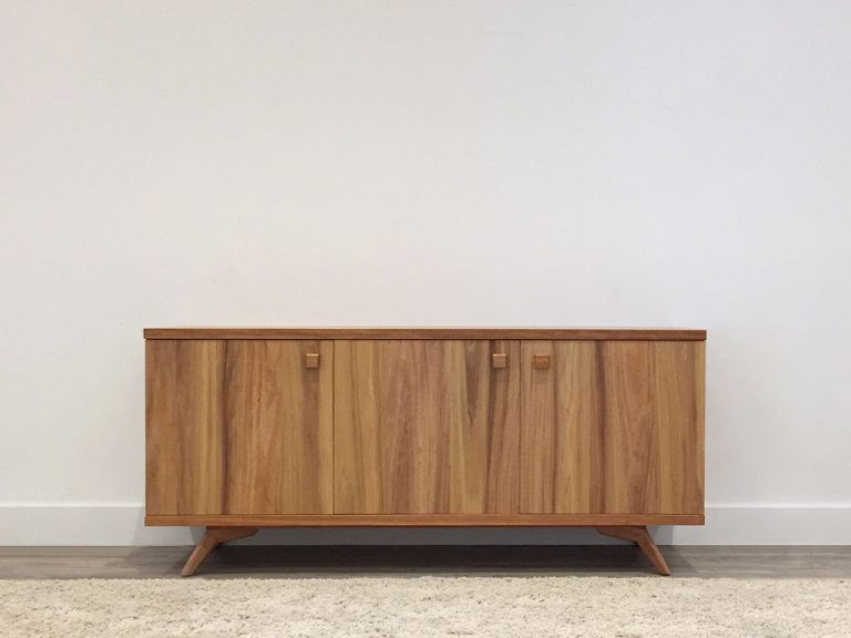 australian blackwood retro style buffet with three drawers and two doors angled legs and wooden handles