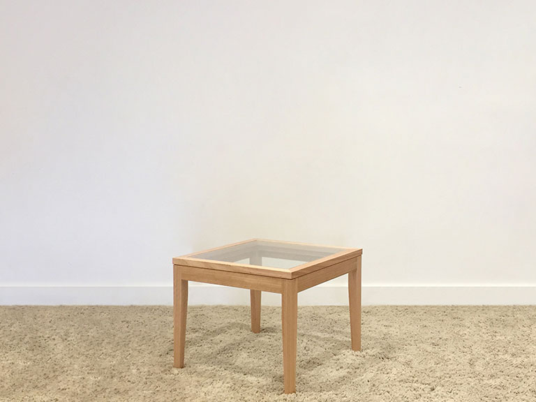 timber side table custom made with square glass top and tapered legs