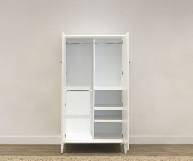 timber white wardrobe with two hang rails and internal shelving space white finish