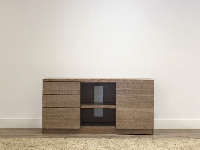 custom made small entertainment unit with 6 side drawers and centre shelf space