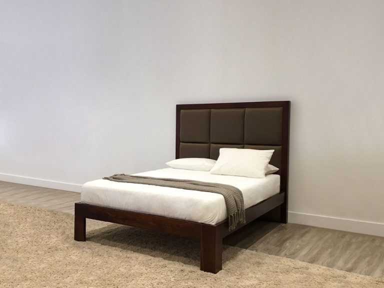 custom made dark toned timber bedframe with high 6 panel headboard