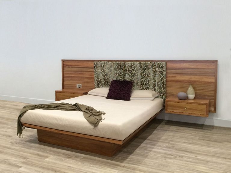 custom made bed frame with timber side tables and fabric 2 paneled heaboard