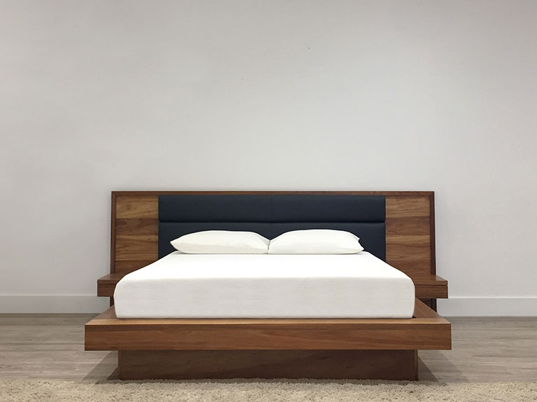 Tasmanian Blackwood Timber Queen Bed with Two Panel Fabric Headboard Custom Made in Adelaide