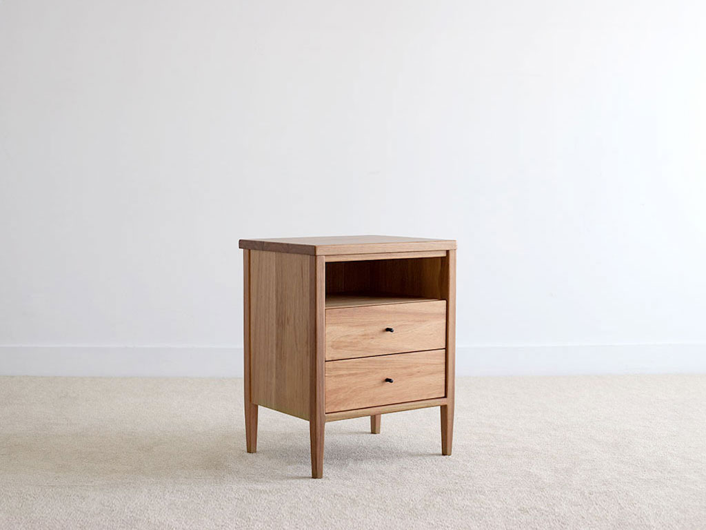 timber bedside on leg with open shelf and 2 drawers