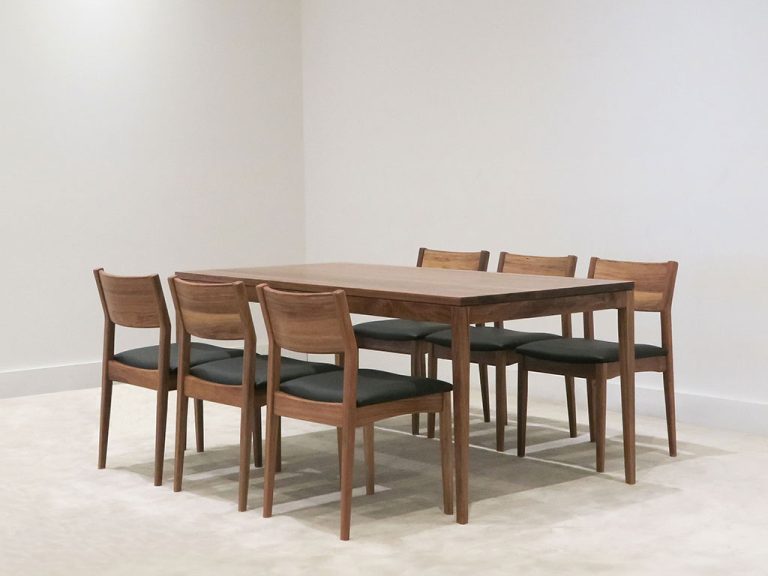 modern 1.8 metre dining table with timber back dining chair with leather seat